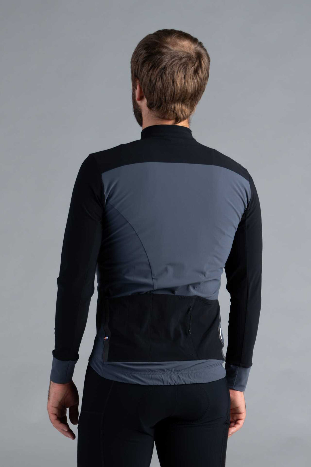Men's Black and Grey Long Sleeve Cargo Cycling Jersey - Back View