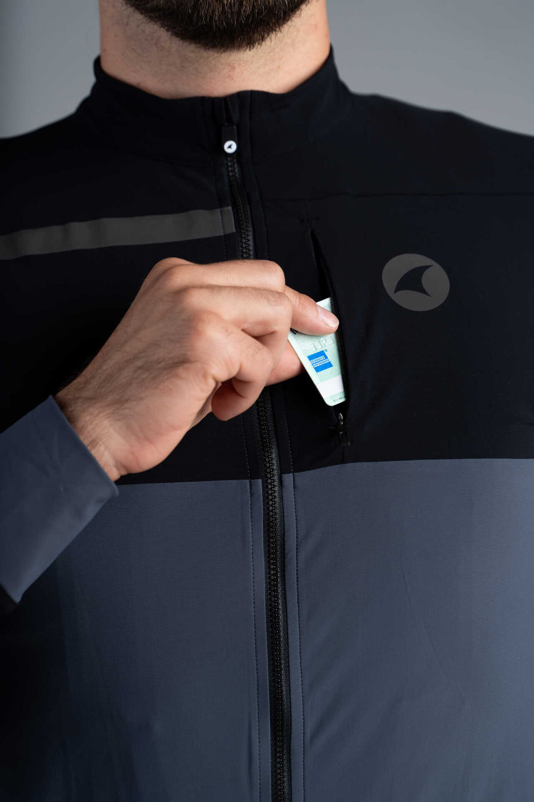 Men's Black and Grey Long Sleeve Cargo Cycling Jersey - Zippered Chest Pocket Close-Up