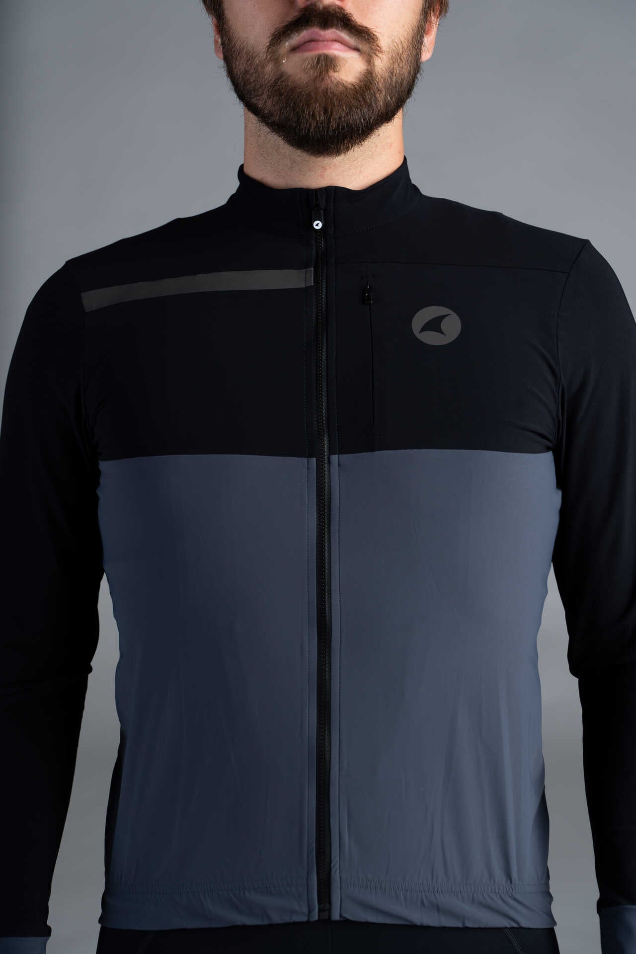 Men's Black and Grey Long Sleeve Cargo Cycling Jersey - Front View Close-Up