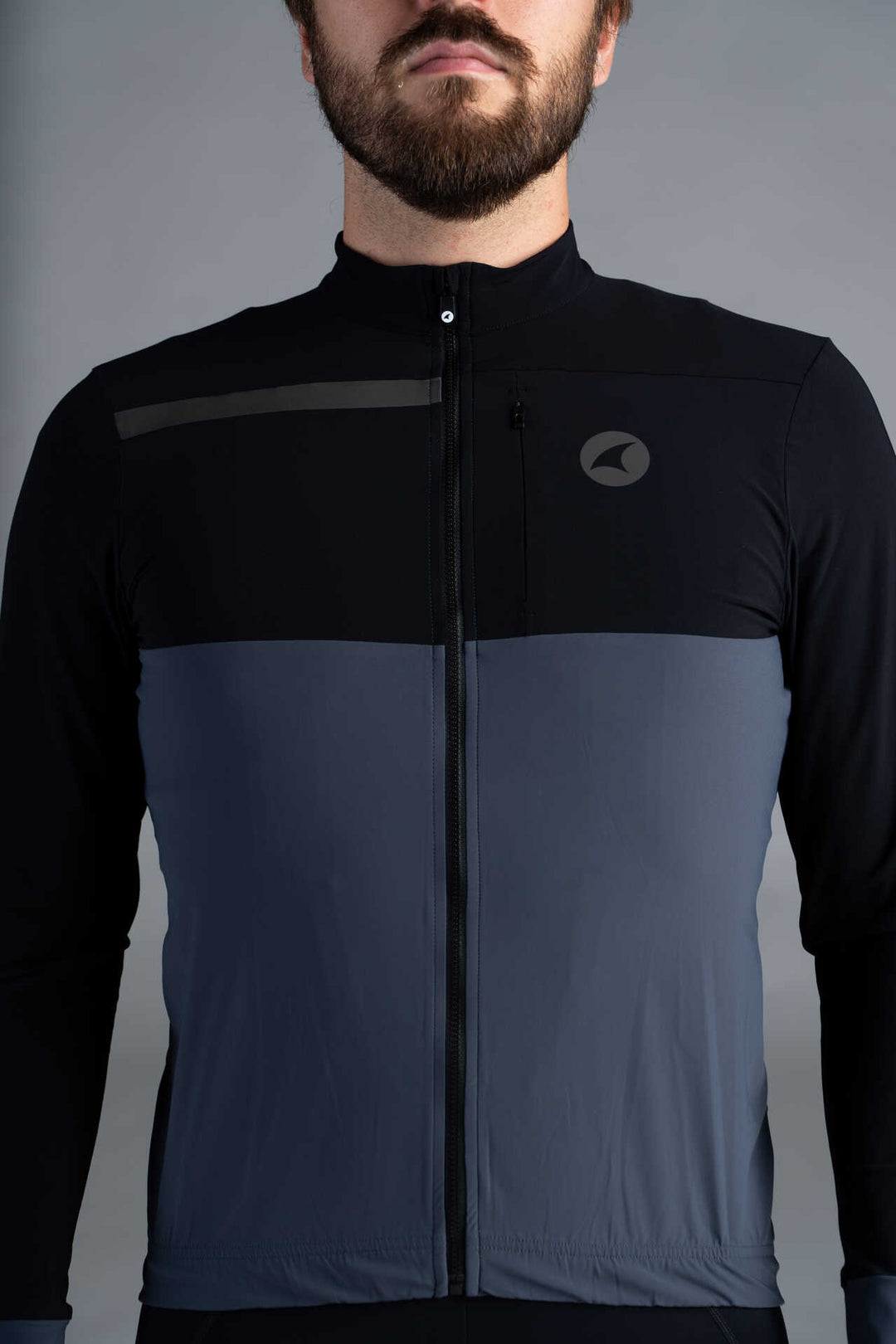 Men's Black and Grey Long Sleeve Cargo Cycling Jersey - Front View Close-Up