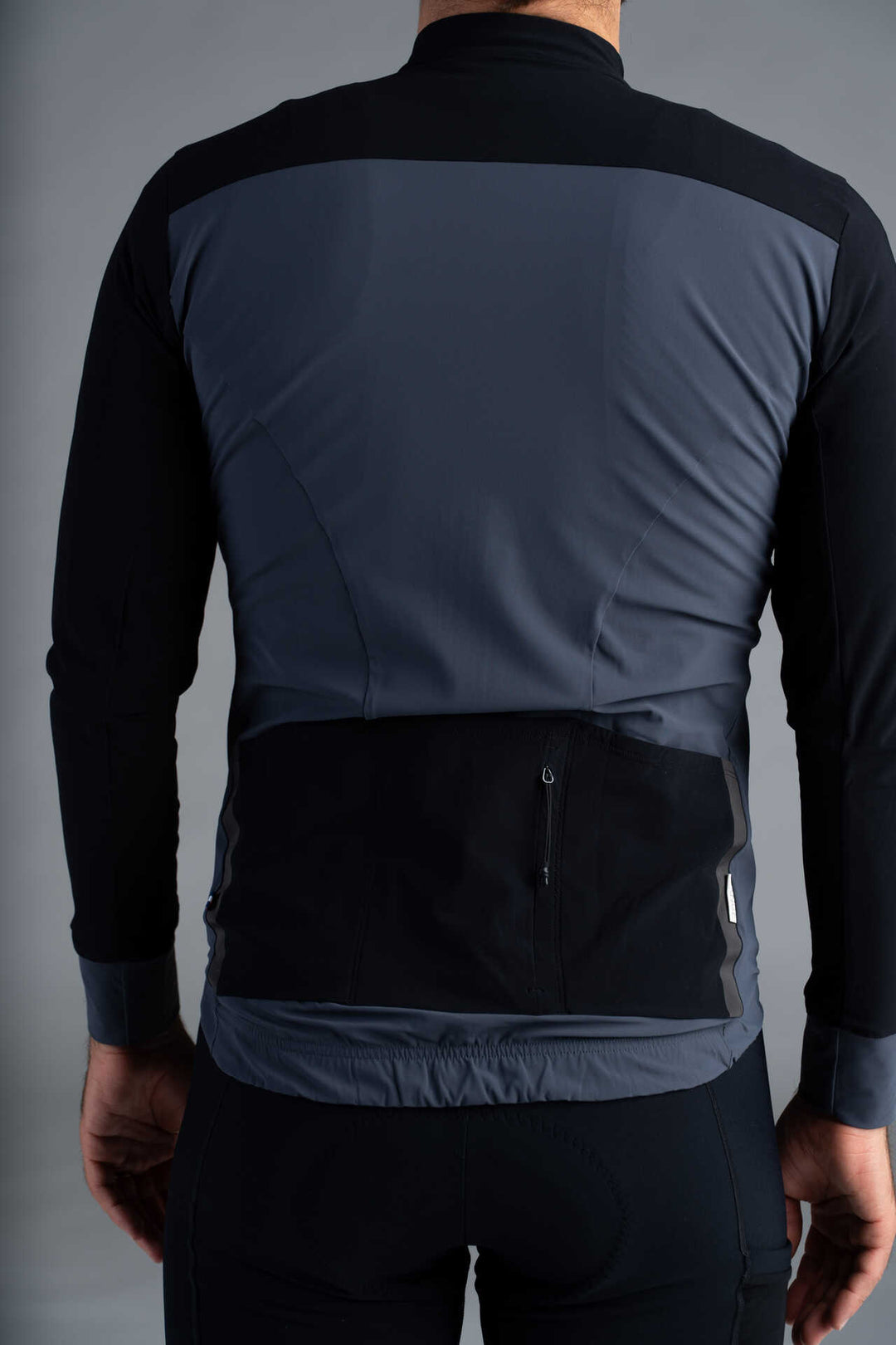 Men's Black and Grey Long Sleeve Cargo Cycling Jersey - Back Pockets