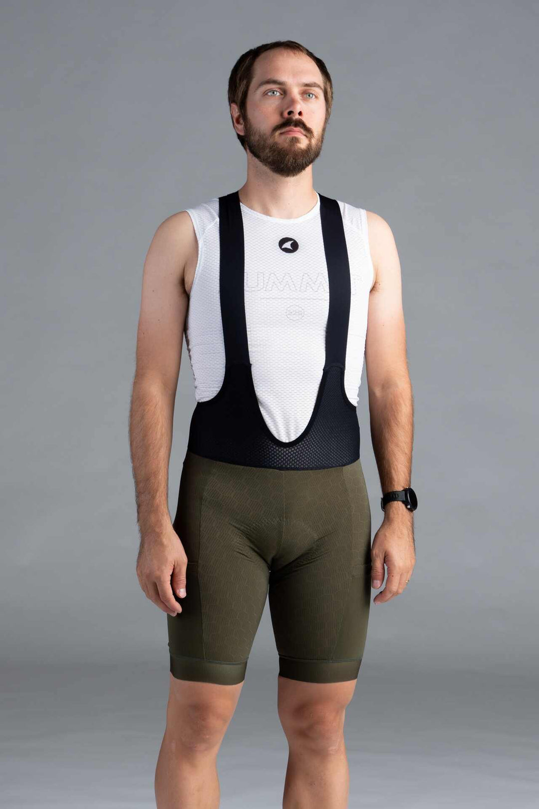Men's Olive Green 12-Hour Cargo Cycling Bibs - Front View