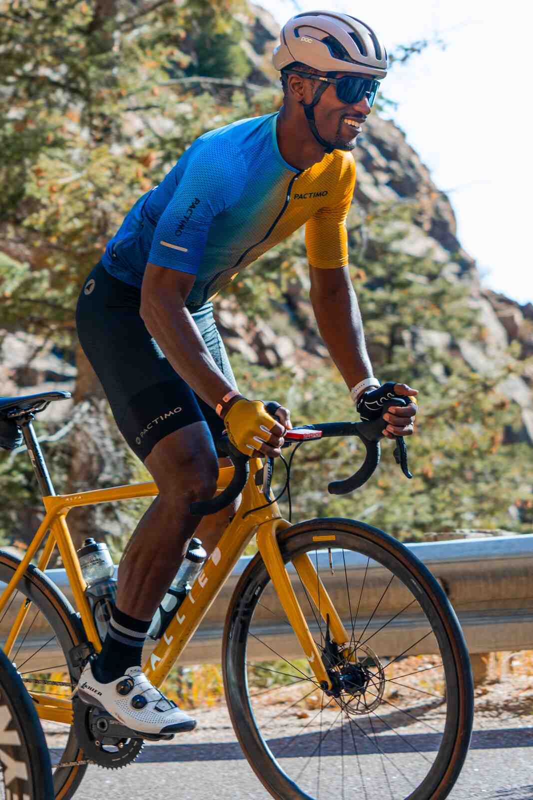 Golden Yellow Padded Bike Gloves on Cyclist