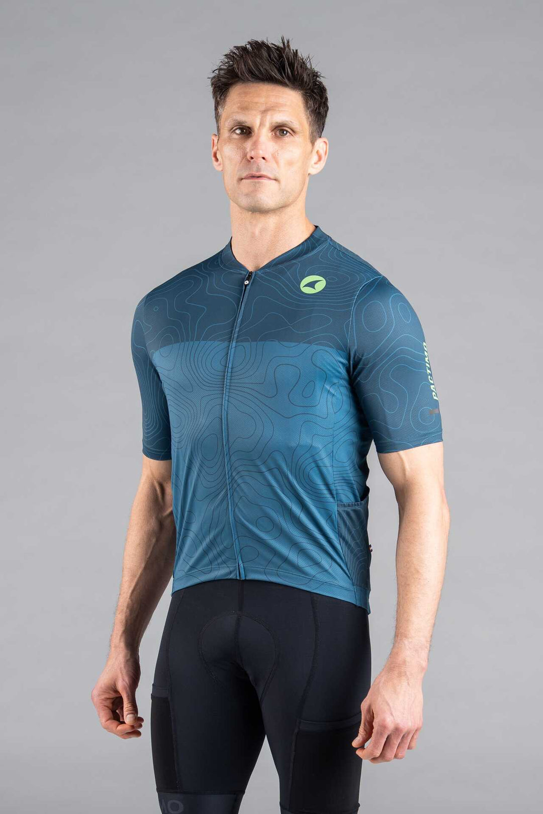 Men's Teal Cargo Cycling Jersey in Teal Topo Design - Front View