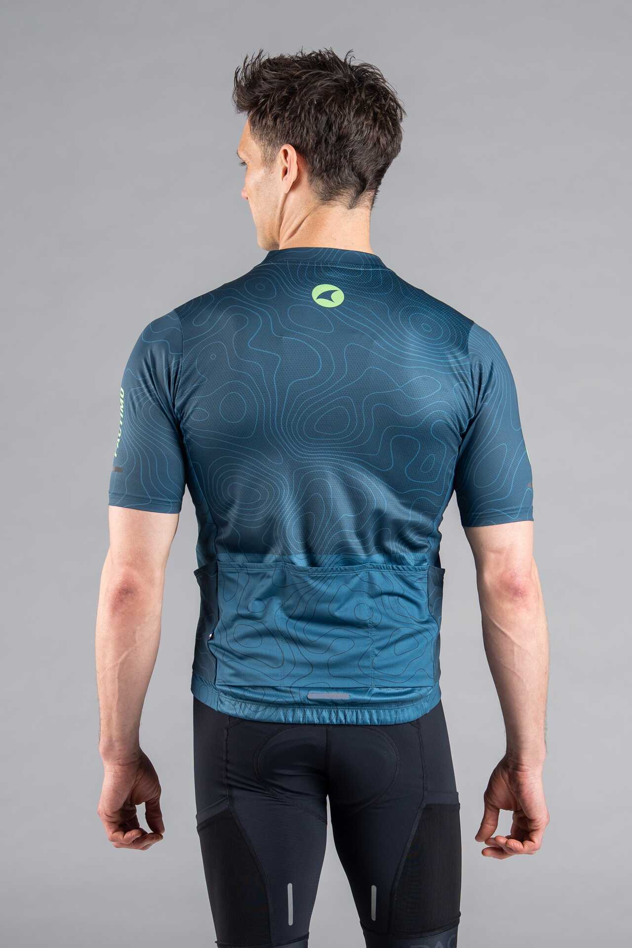 Men's Teal Cargo Cycling Jersey in Teal Topo Design - Back View