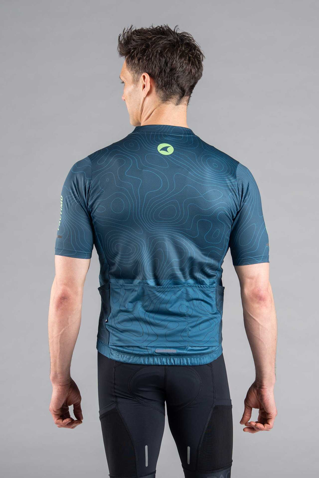 Men's Teal Cargo Cycling Jersey in Teal Topo Design - Back View
