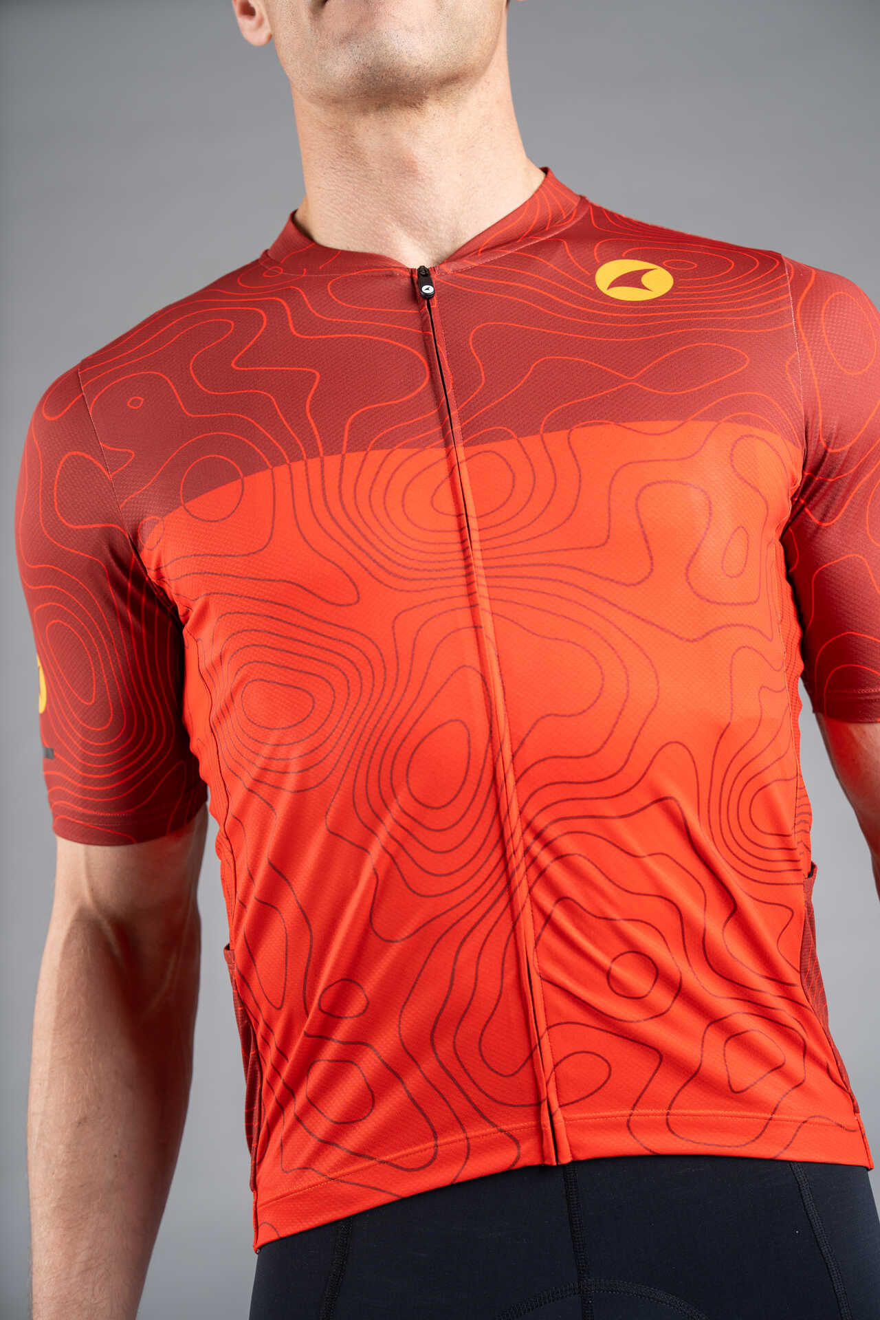 Men's Red Cargo Cycling Jersey in Teal Topo Design - Front Zipper