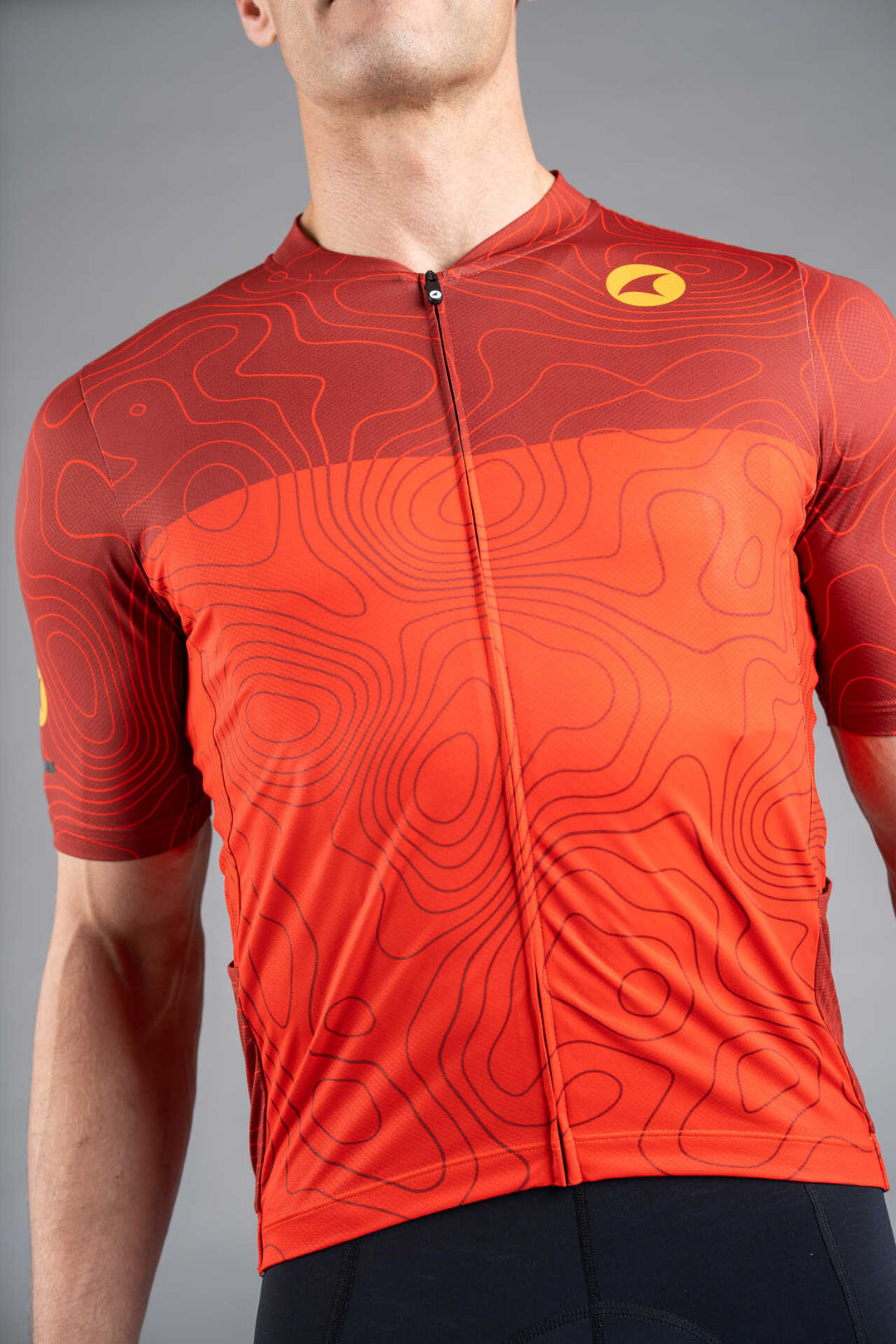 Men's Red Cargo Cycling Jersey in Teal Topo Design - Front Zipper