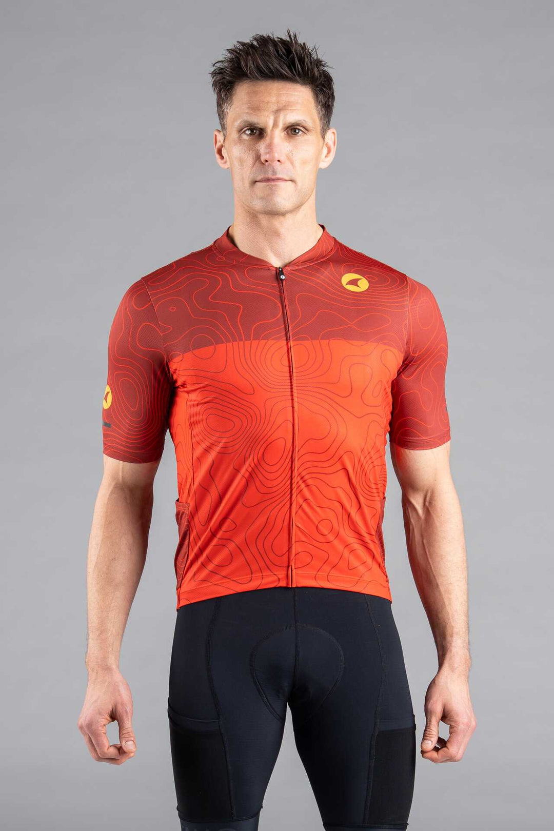 Men's Red Cargo Cycling Jersey in Teal Topo Design - Front View