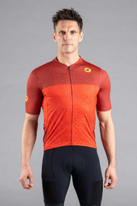 Men's Red Cargo Cycling Jersey in Teal Topo Design - Front View