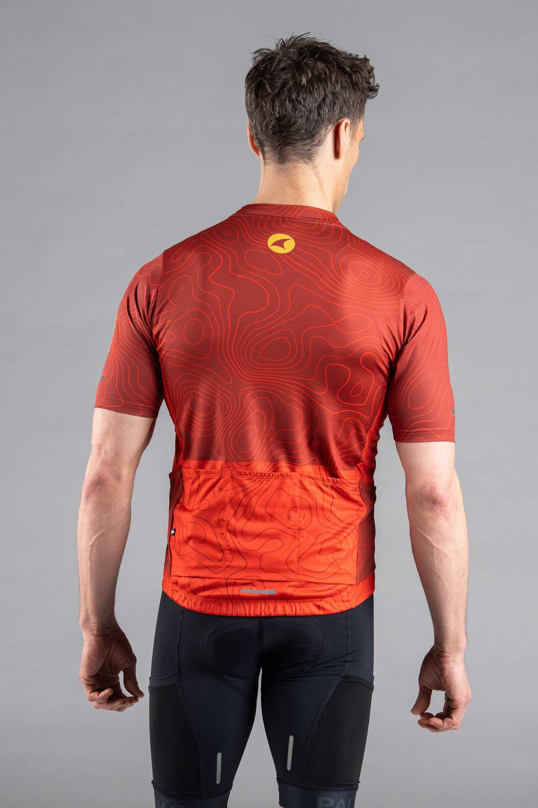 Men's Red Cargo Cycling Jersey in Teal Topo Design - Back View