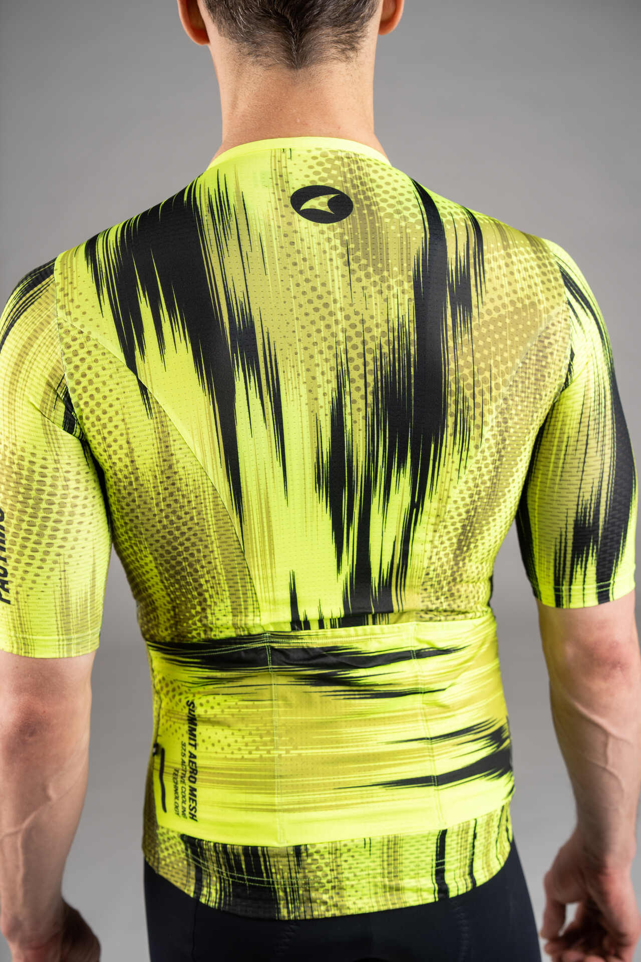Men's Black and High Viz-Yellow Summit Aero Mesh Cycling Jersey - Back Close-Up