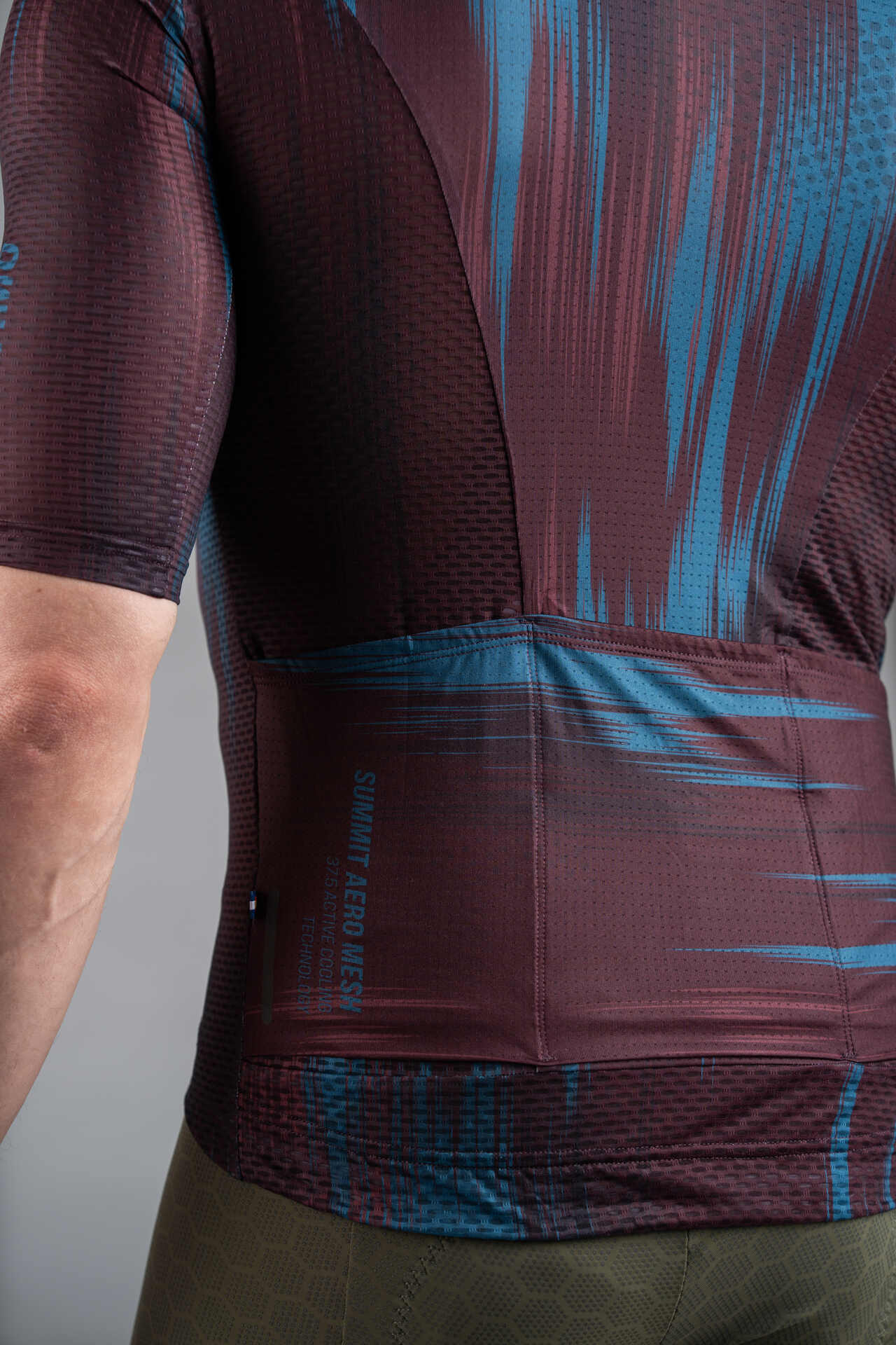 Men's Burgundy and Teal Summit Aero Mesh Cycling Jersey - Back Pocket Close-Up