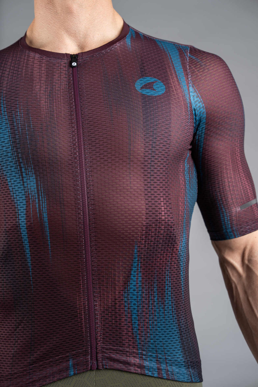 Men's Burgundy and Teal Summit Aero Mesh Cycling Jersey - Front Close-Up