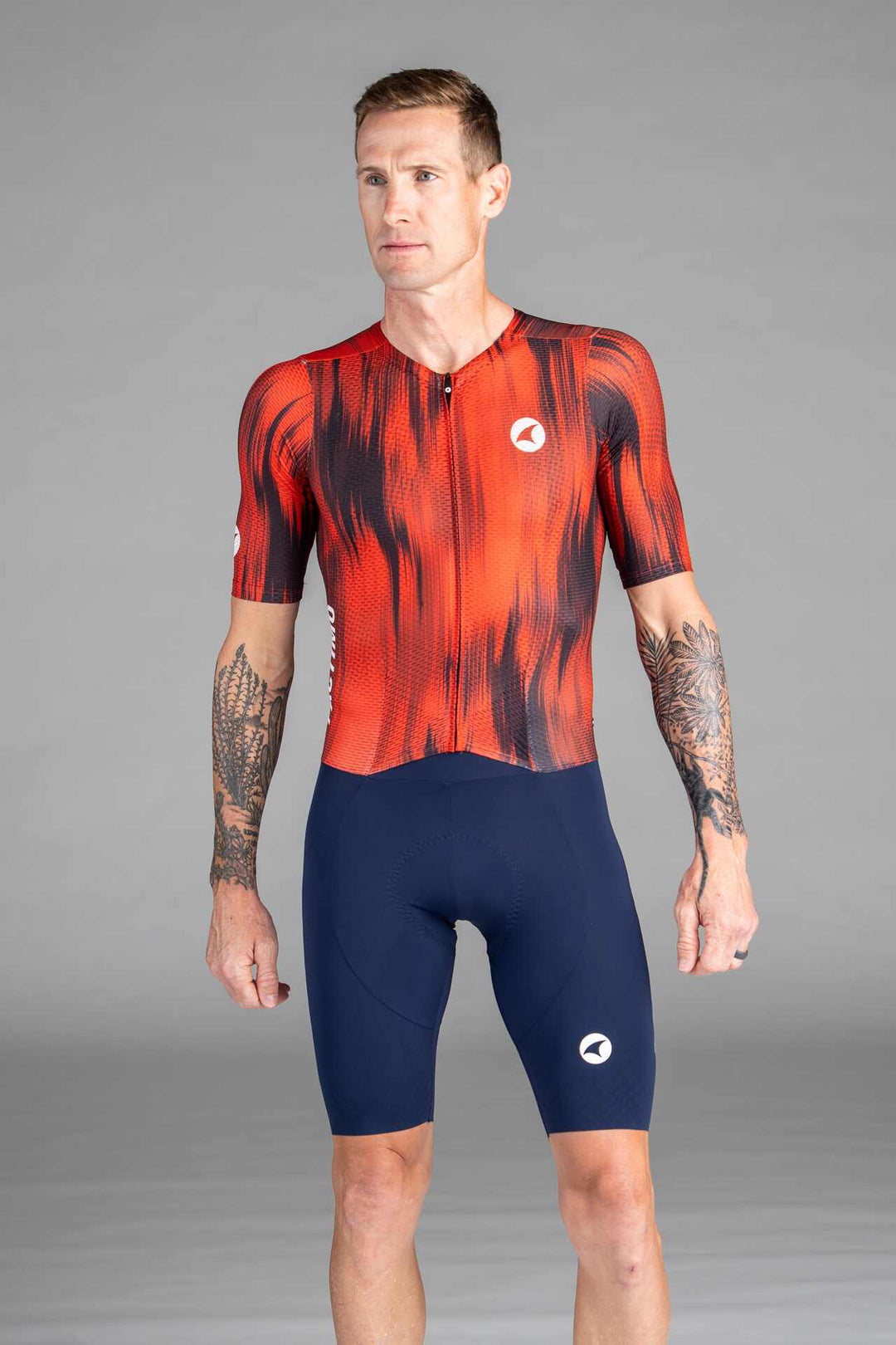 Men's Red and Navy Mesh Cycling Suit - Front View
