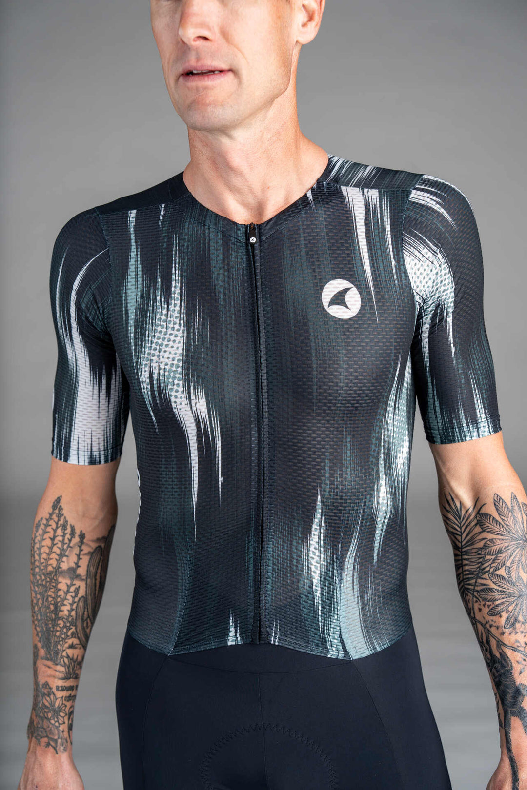 Men's Black and White Mesh Cycling Suit - Front Close-Up