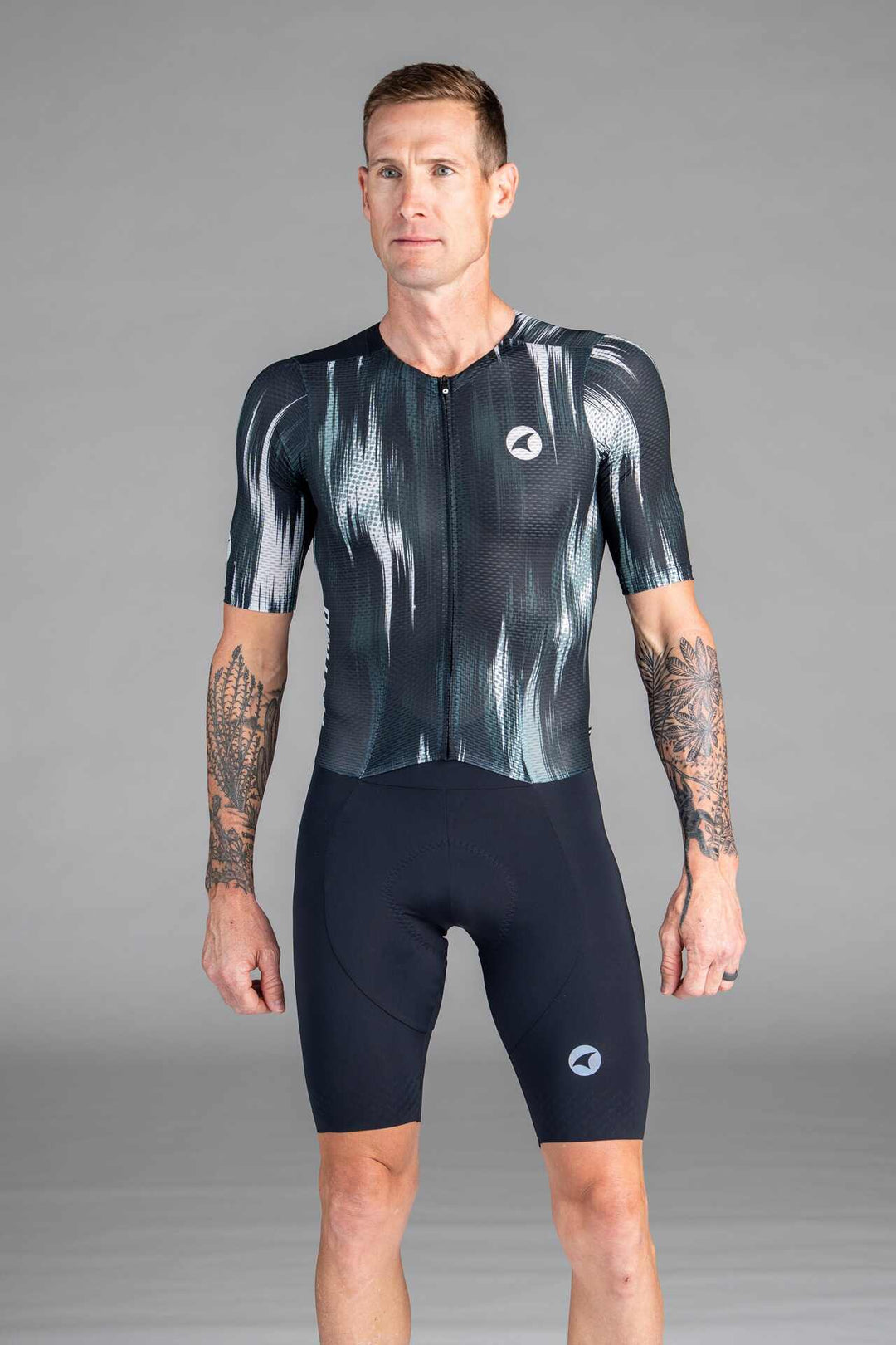 Men's Black and White Mesh Cycling Suit - Front View
