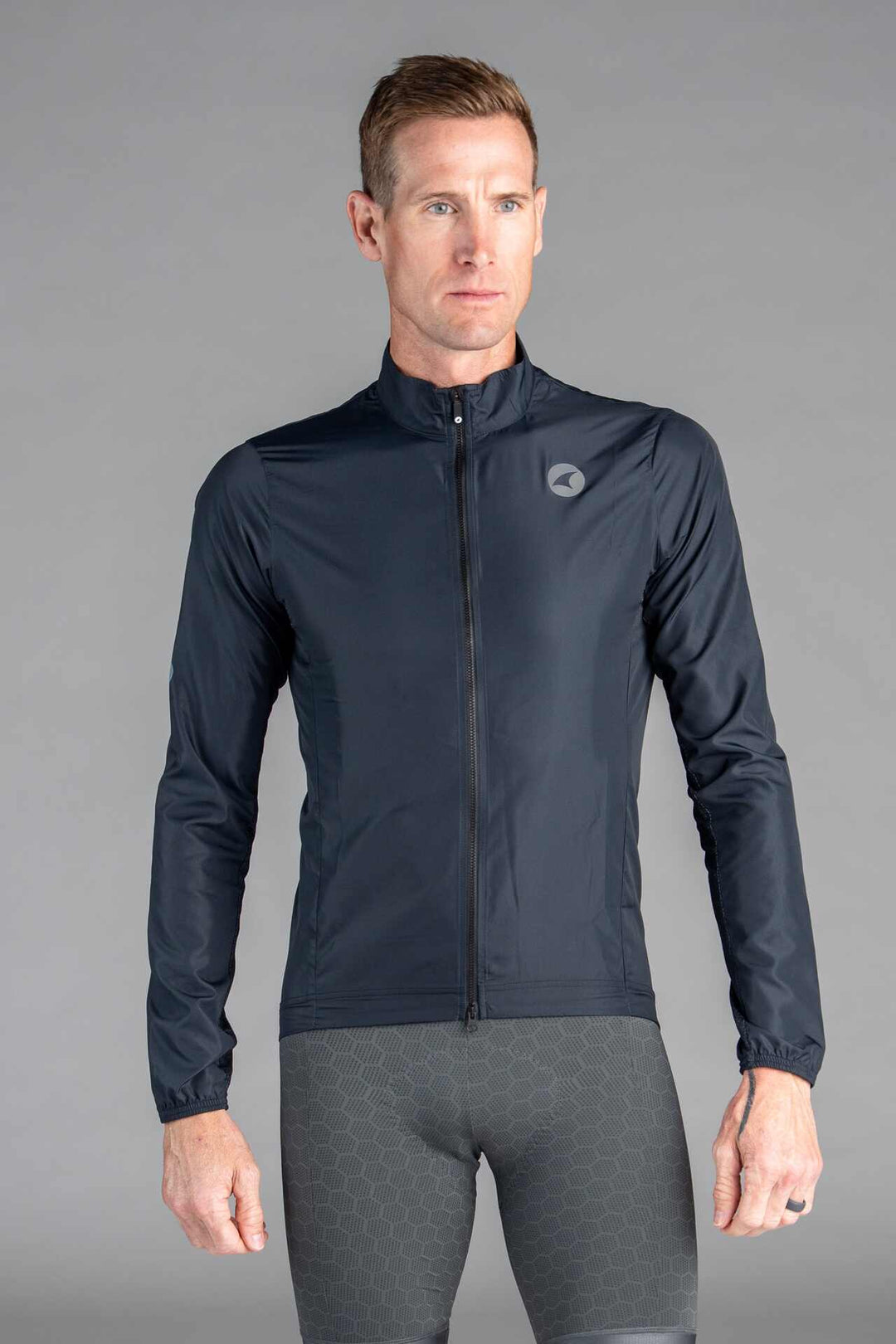 Men's Dark Black Packable Cycling Wind Jacket - Front View