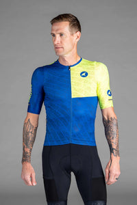 Men's Blue and Yellow Range Aero Cargo Cycling Jersey - Front View