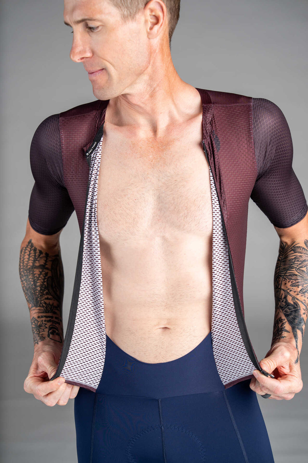 Men's Burgundy Mesh Cargo Cycling Skinsuit - Front Zipper