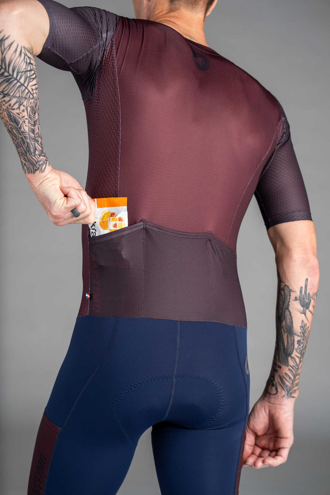 Men's Burgundy Mesh Cargo Cycling Skinsuit - Back Pockets
