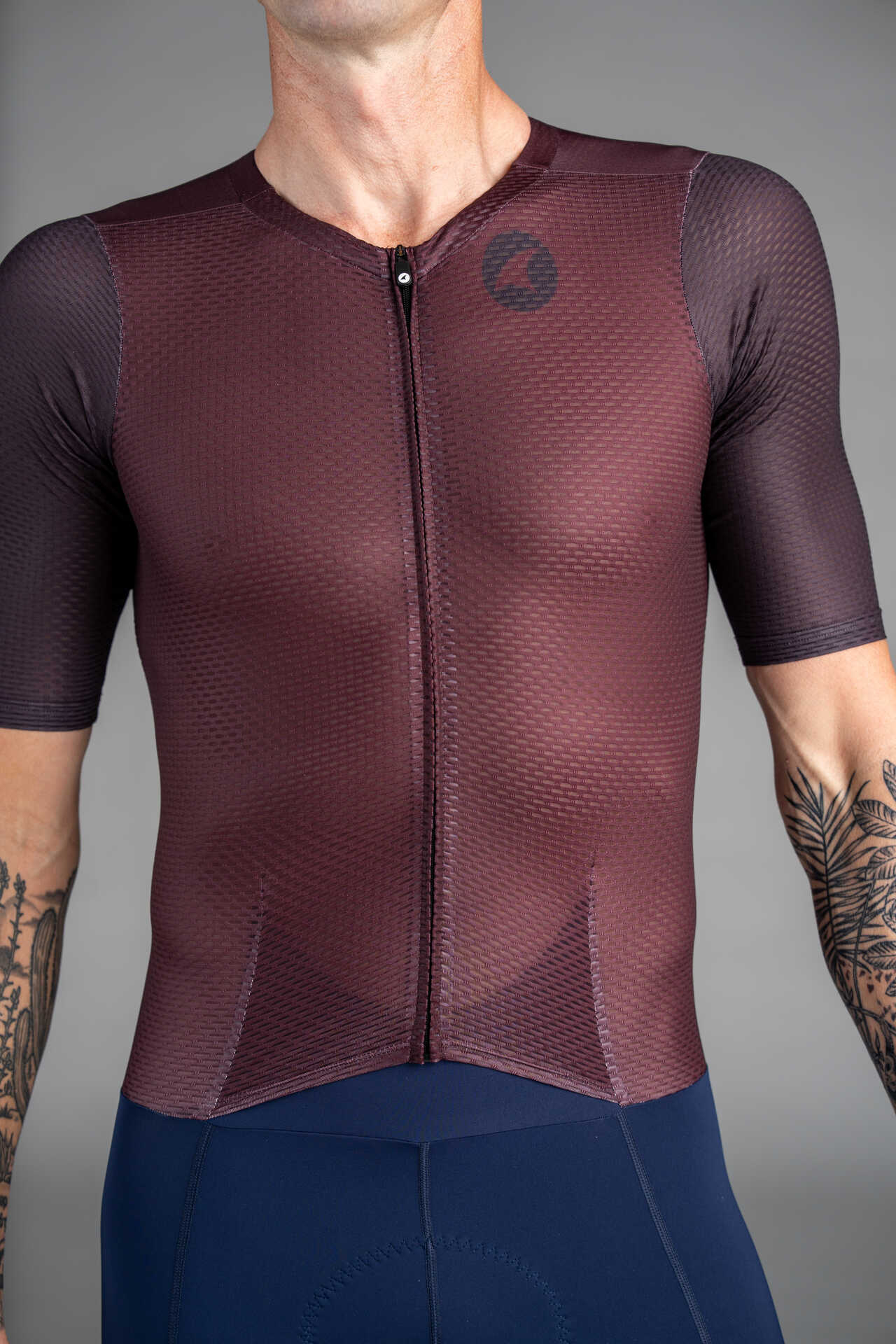 Men's Burgundy Mesh Cargo Cycling Skinsuit - Fabric Close-Up