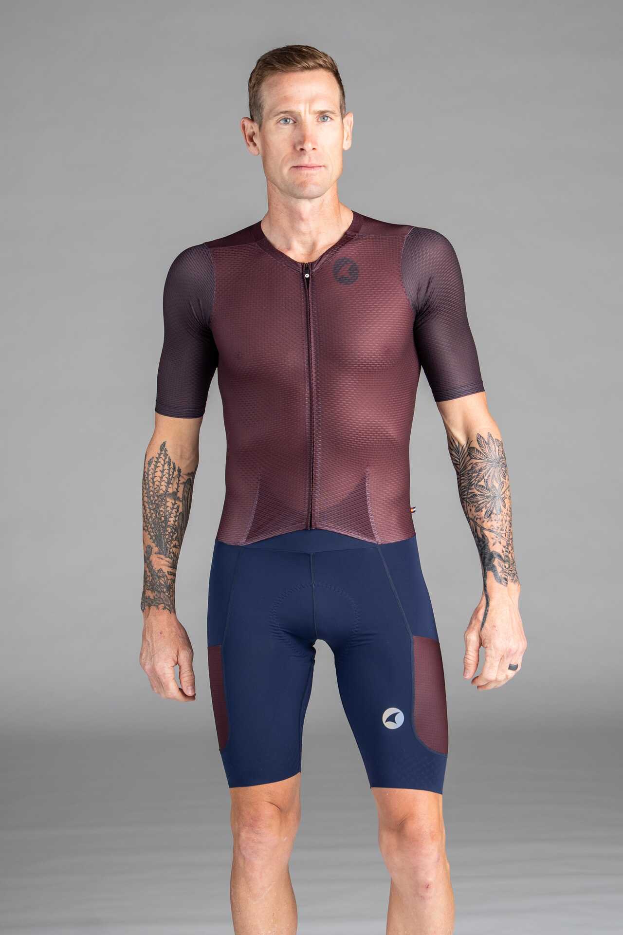 Men's Burgundy Mesh Cargo Cycling Skinsuit - Front View