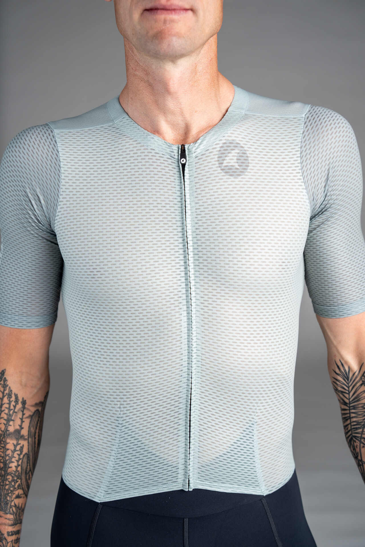 Men's Sage Green Mesh Cargo Cycling Skinsuit - Front Close-Up
