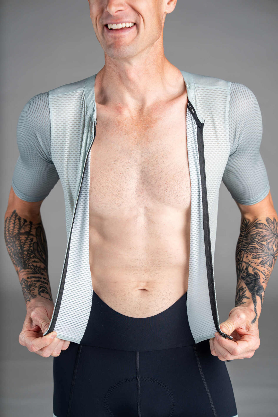 Men's Sage Green Mesh Cargo Cycling Skinsuit - Front Open