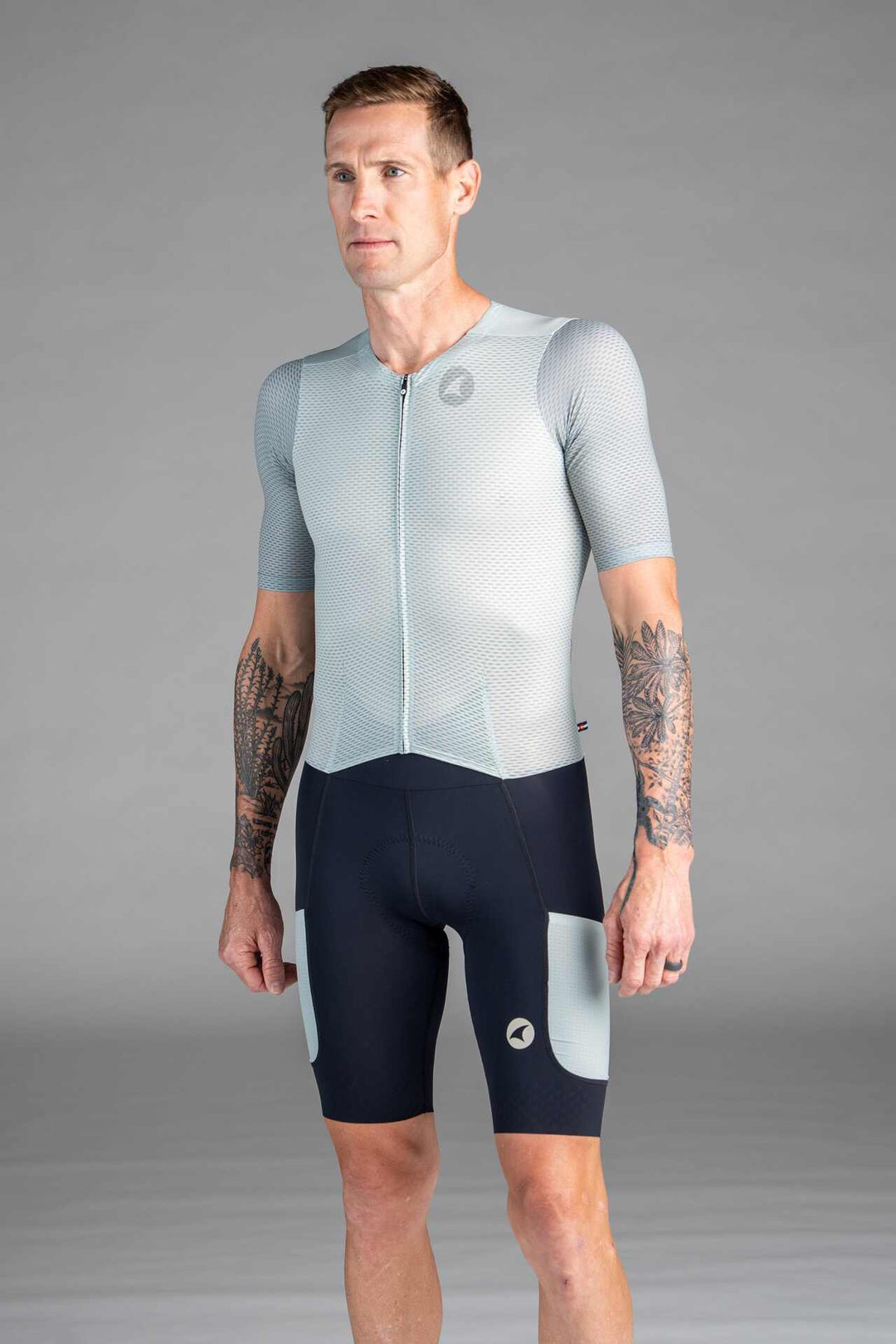 Men's Sage Green Mesh Cargo Cycling Skinsuit - Front View