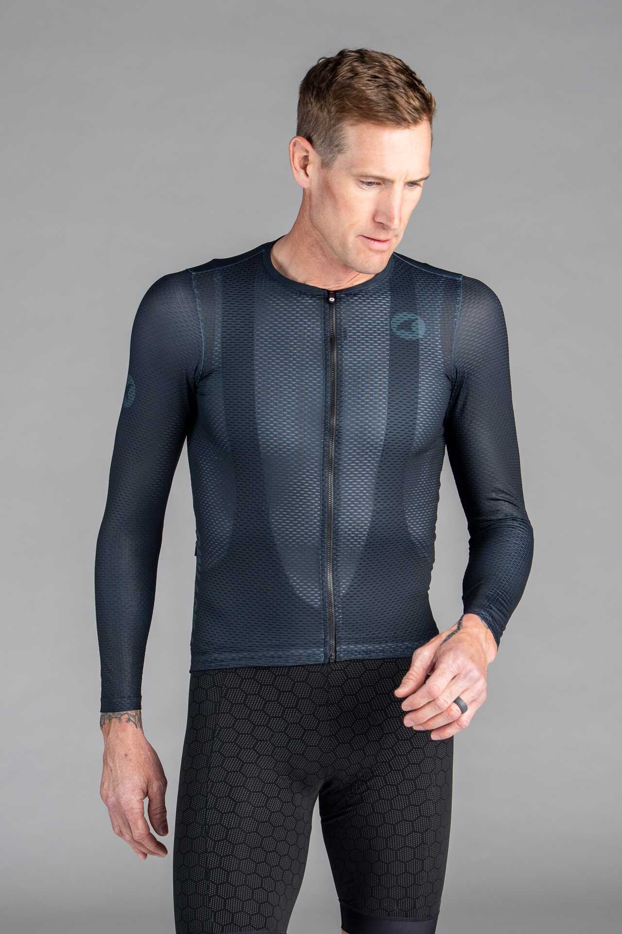 Men's Black Long Sleeve Aero Mesh Cycling Jersey - Front View