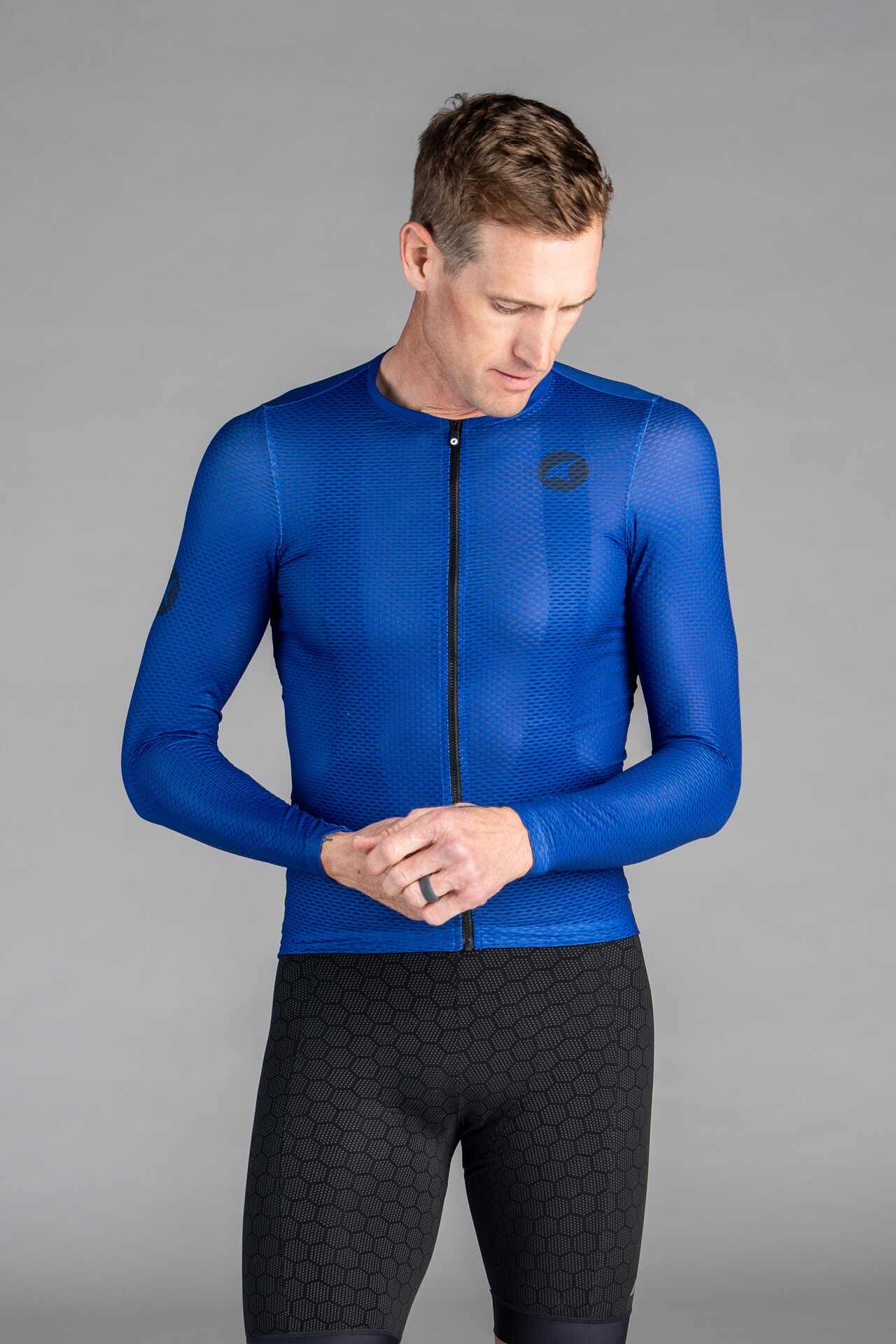 Men's Royal Blue Long Sleeve Aero Mesh Cycling Jersey - Front View