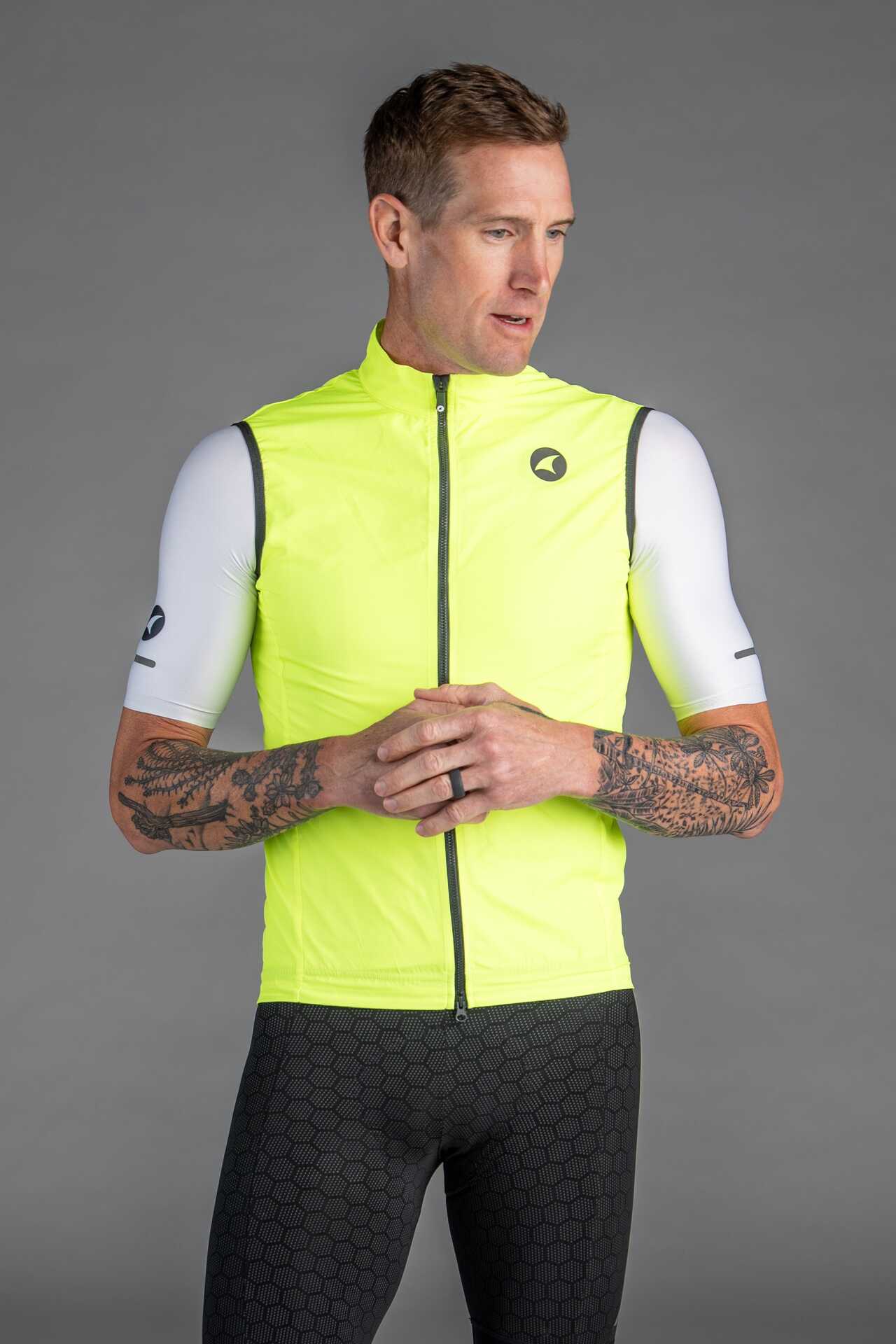 Men's High-Viz Yellow Packable Cycling Wind Vest - Front View