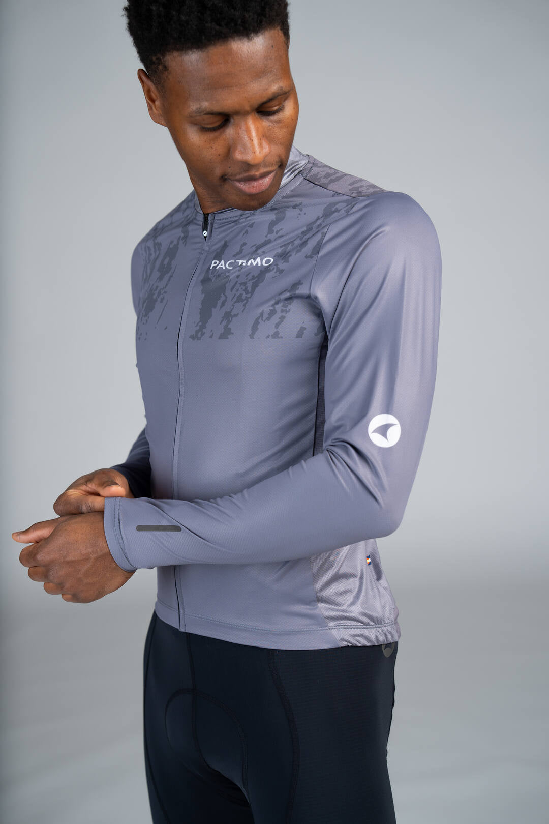 Men's Grey Long Sleeve Bike Jersey - Reflective Sleeve Detail