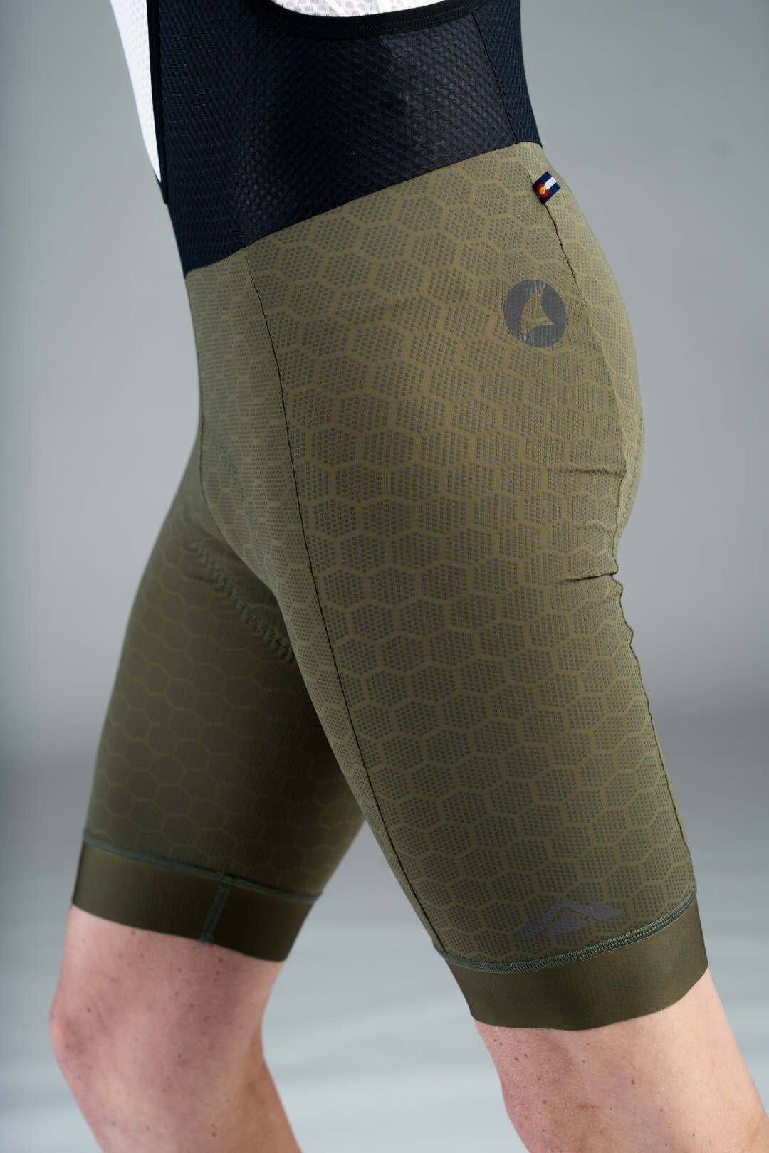 Men's Olive Green 12-Hour Cycling Bib - Thigh Close-Up