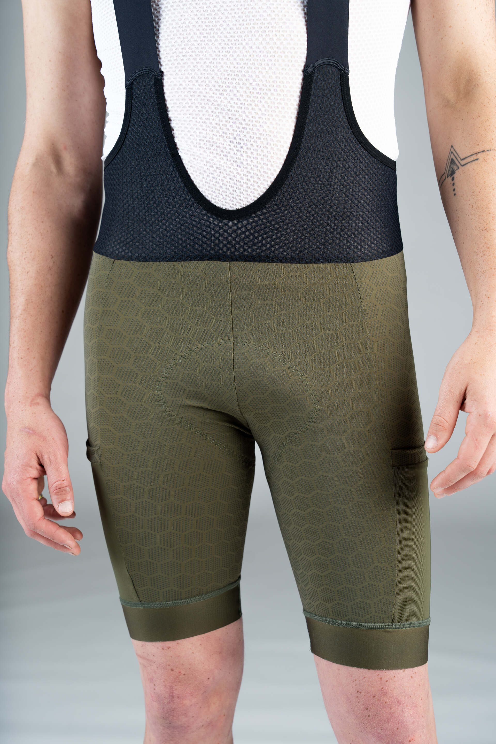 Men's Olive Green 12-Hour Cargo Cycling Bibs - Front Close-Up 2