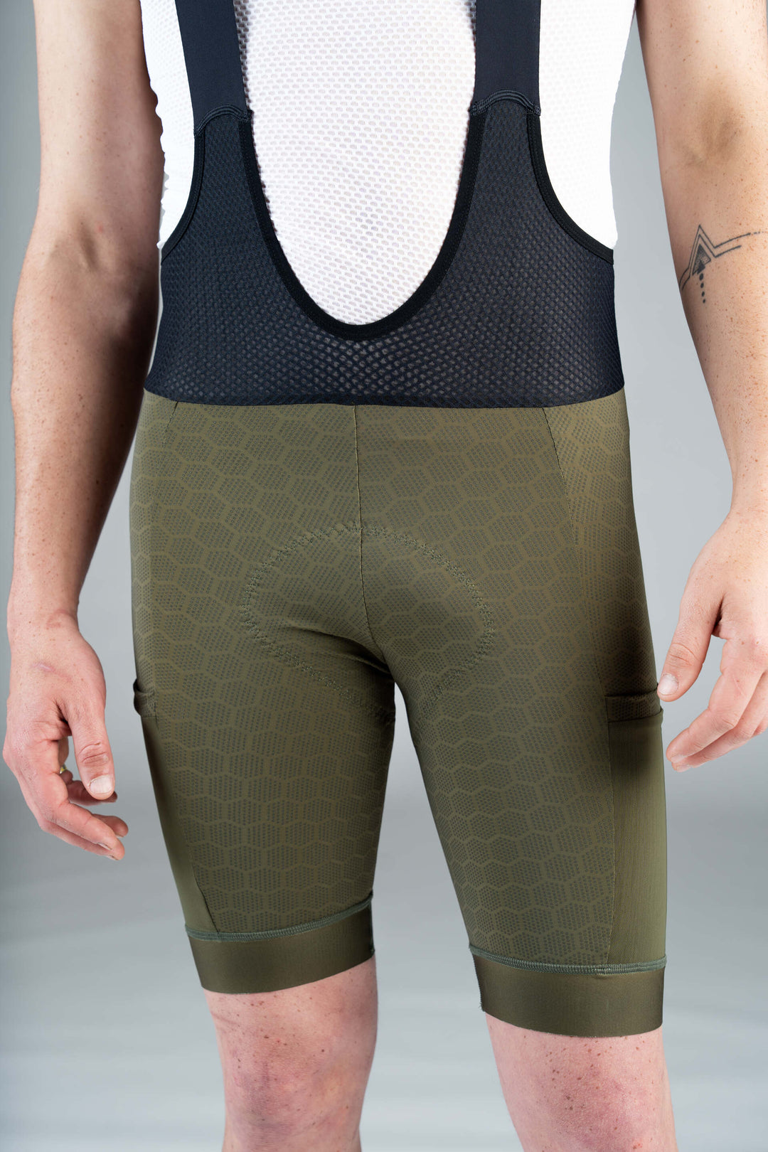 Men's Olive Green 12-Hour Cargo Cycling Bibs - Front Close-Up 2