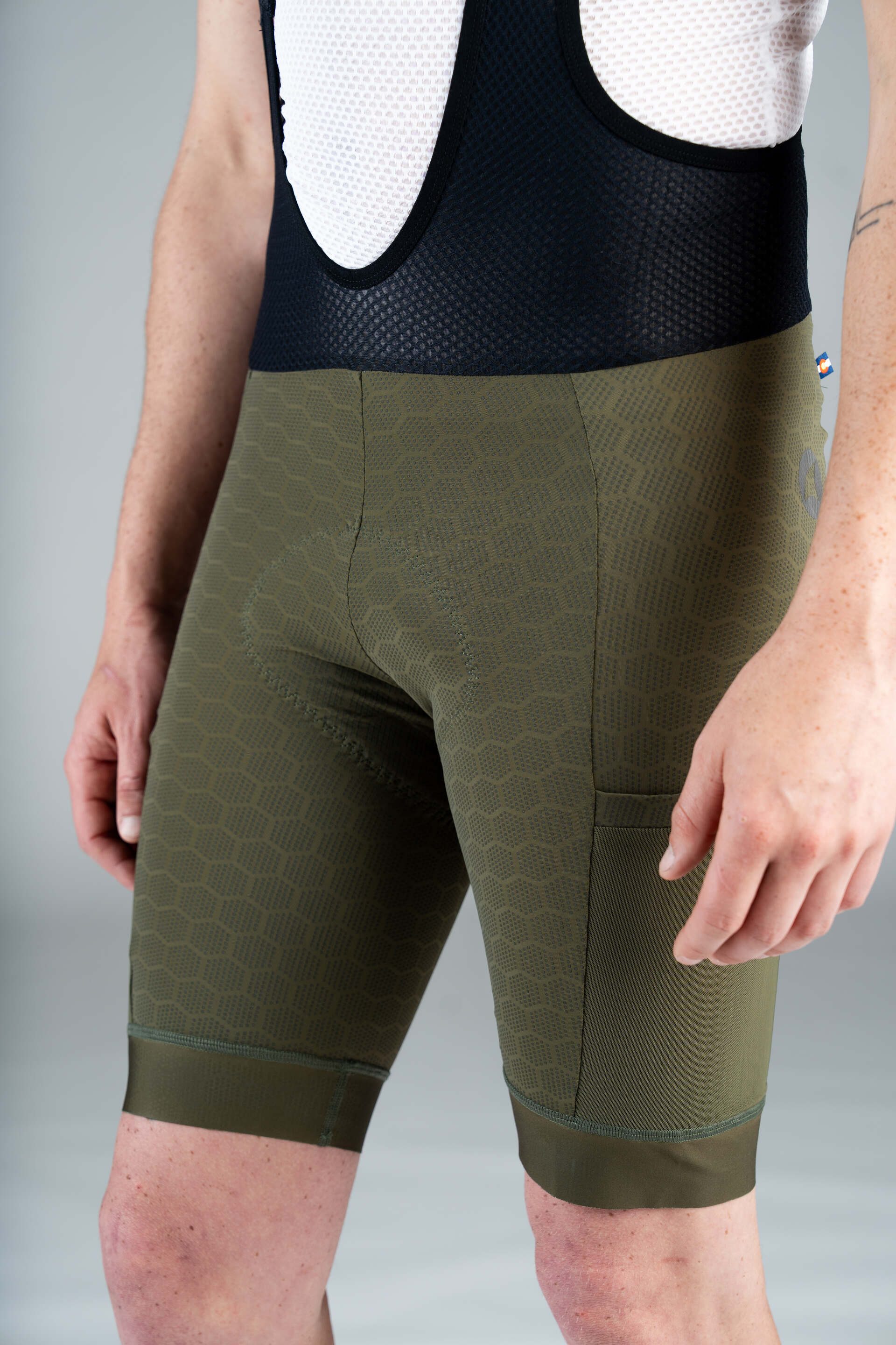Men's Olive Green 12-Hour Cargo Cycling Bibs - Front Close-Up