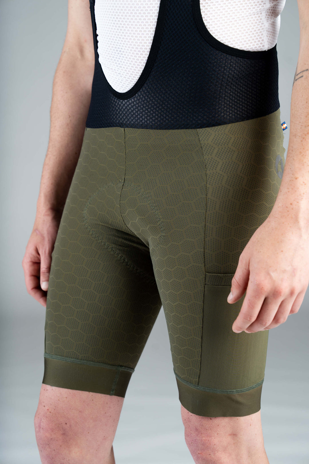 Men's Olive Green 12-Hour Cargo Cycling Bibs - Front Close-Up