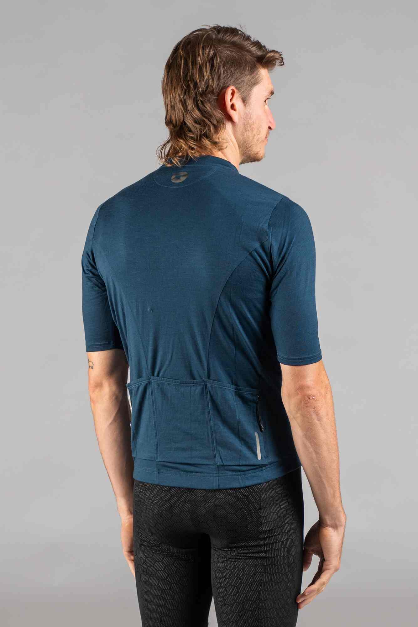 Men's Navy Blue Merino Wool Cycling Jersey - Back View