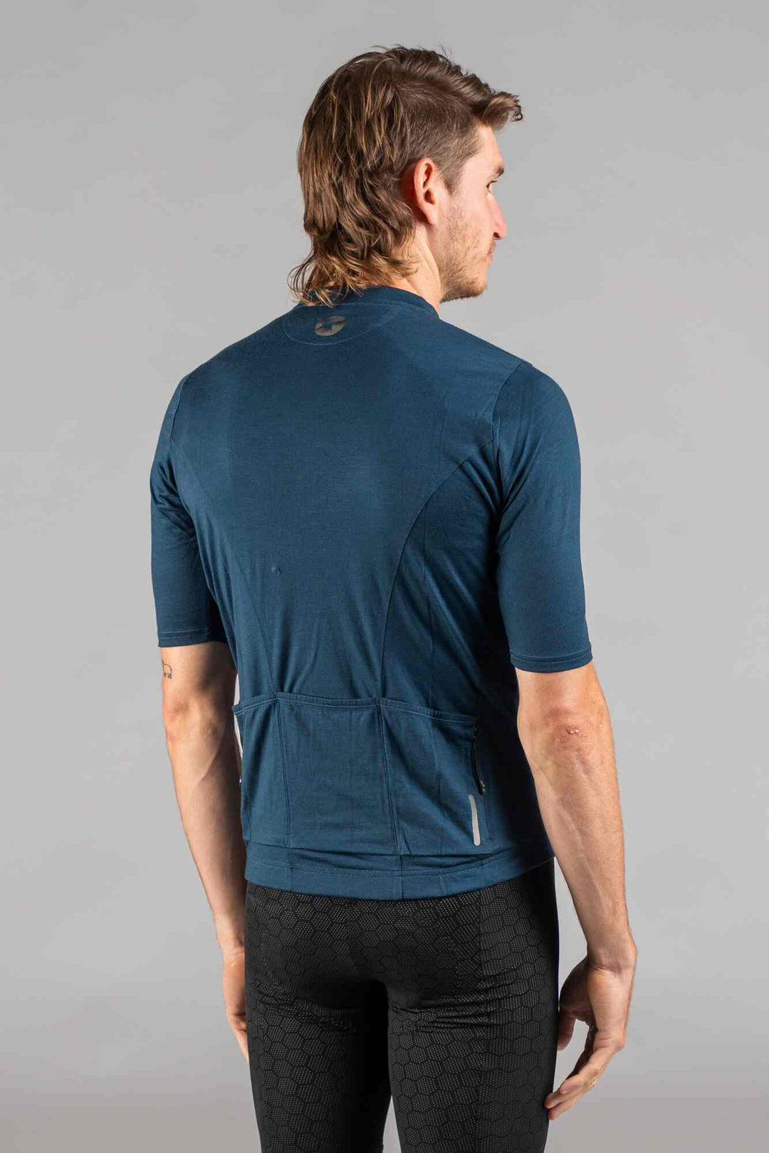 Men's Navy Blue Merino Wool Cycling Jersey - Back View