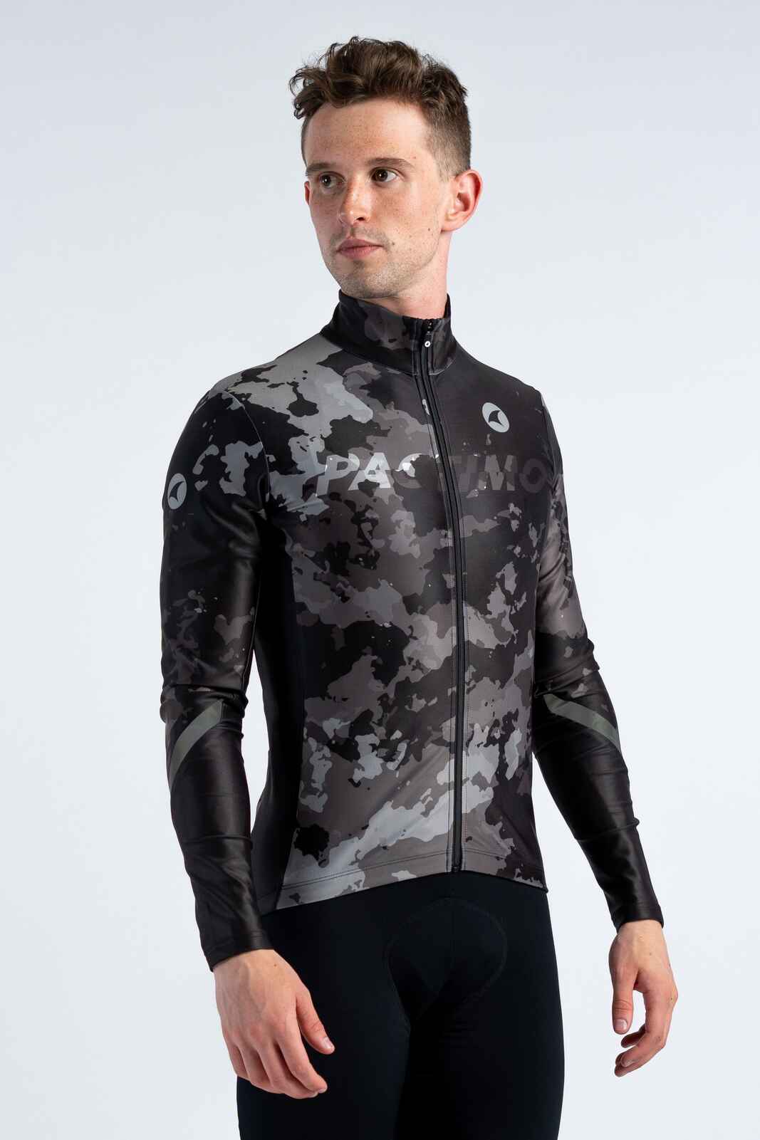 Men's Black Camo Thermal Long Sleeve Cycling Jersey - Front View