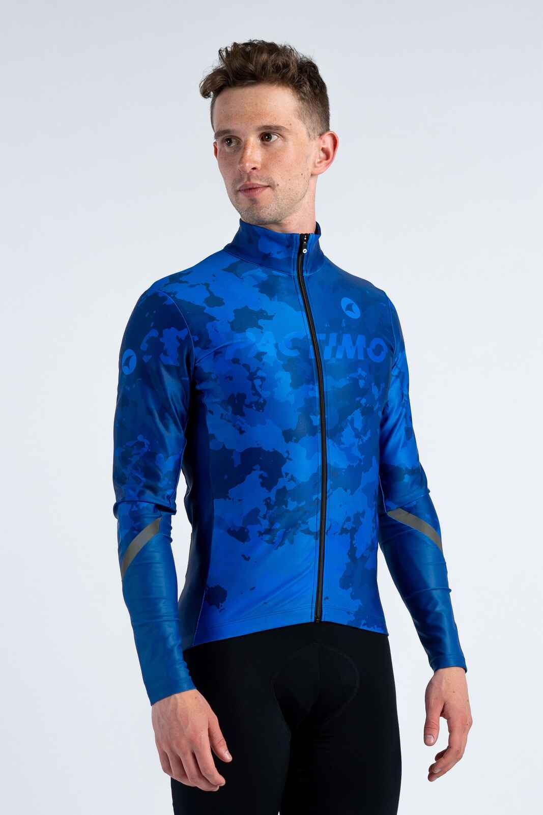 Men's Blue Camo Thermal Long Sleeve Cycling Jersey - Front View