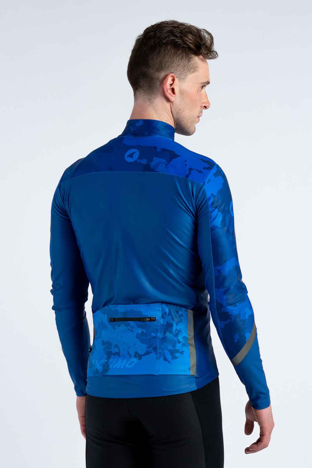 Men's Blue Camo Thermal Long Sleeve Cycling Jersey - Back View