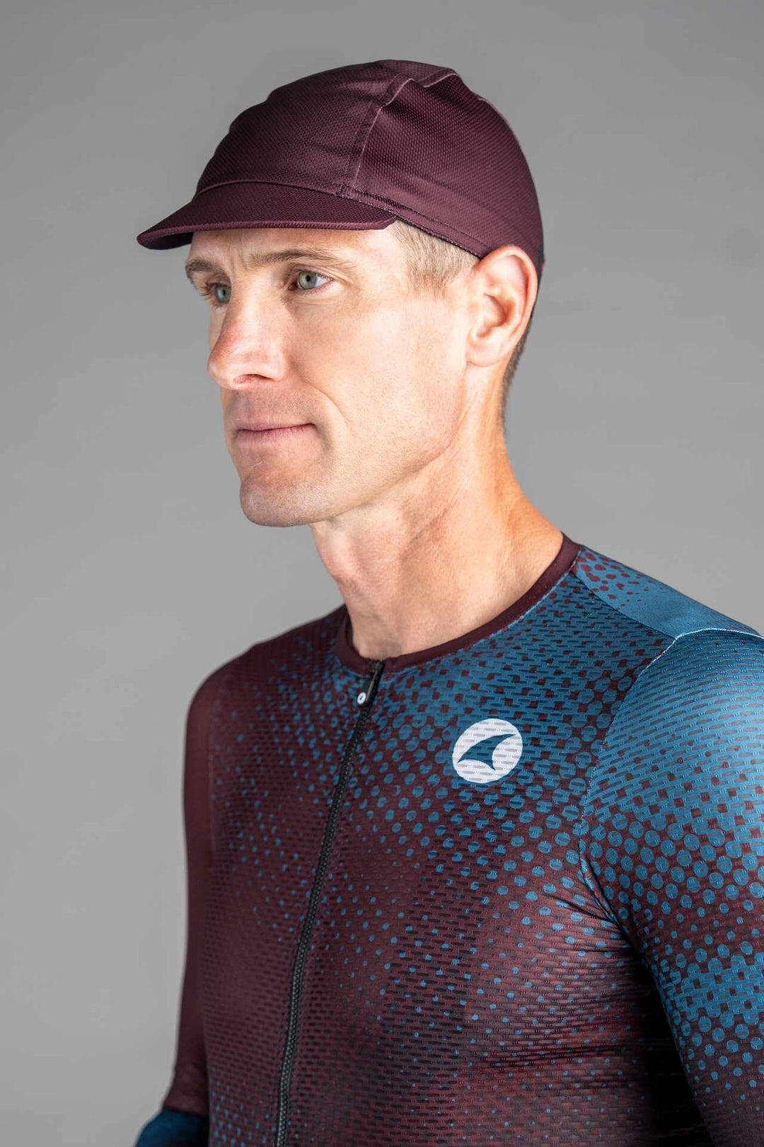 Maroon and Blue Cycling Cap - Side View