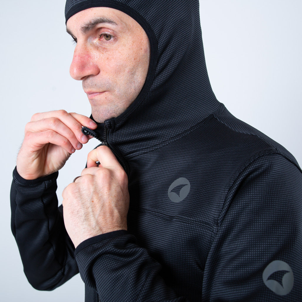 Men's Black Fleece Cycling Hoodie - Hood & Zipper DetailMen's Full Zip Cycling Hoodie - Hood Detail