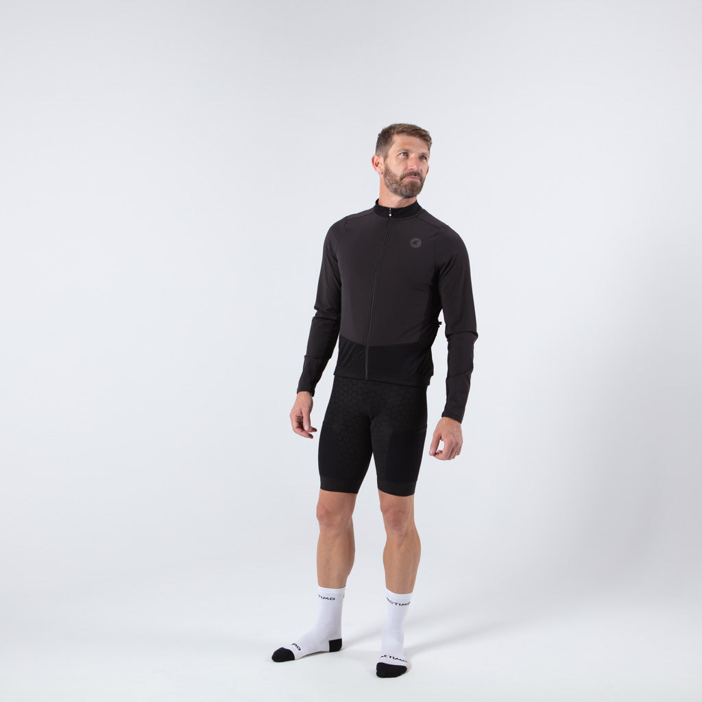 Men's Black Wind Resistant Long Sleeve Cycling Jersey Front View 