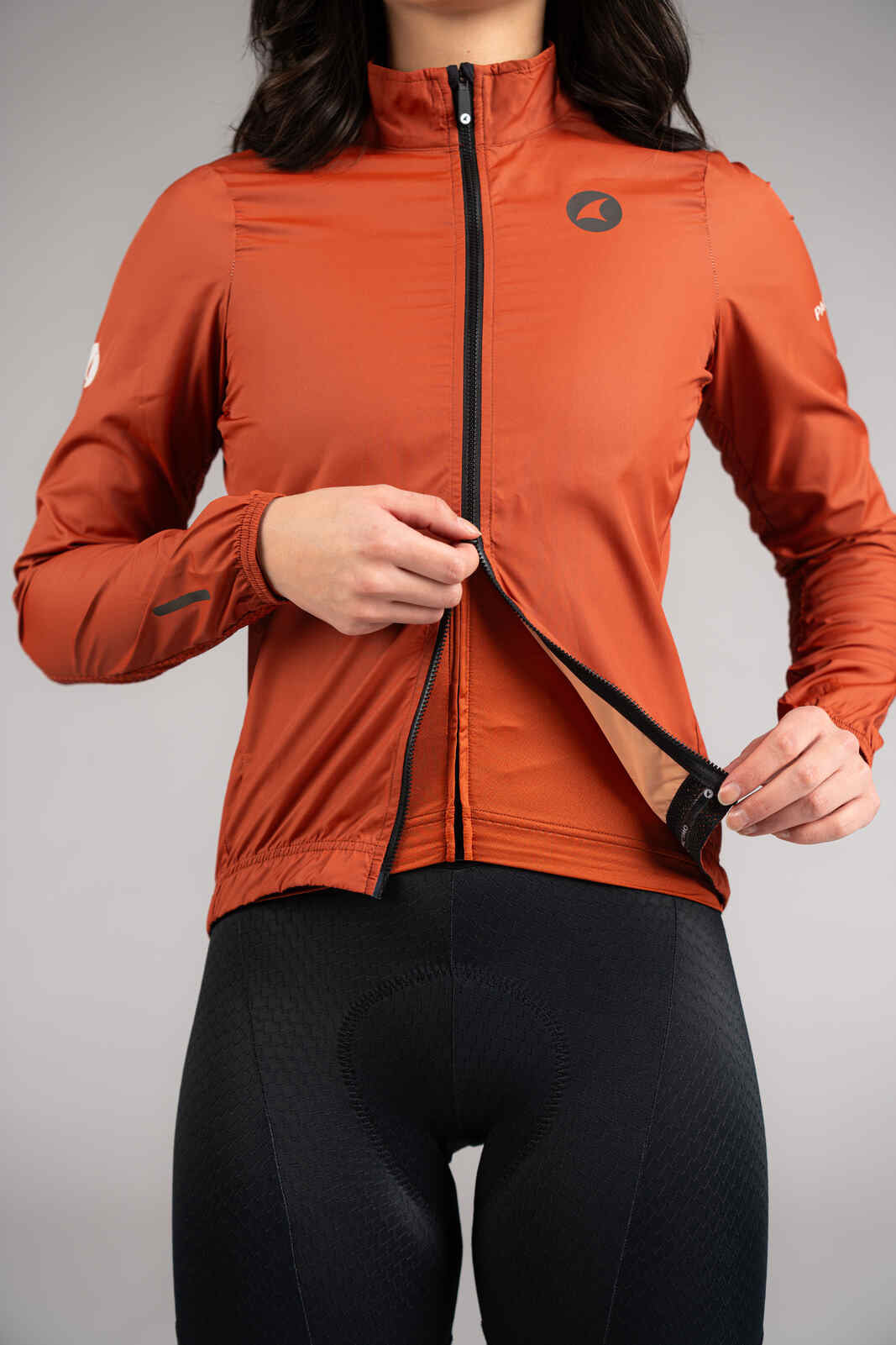 Women's Burnt Orange Packable Cycling Wind Jacket - Two-Way Zipper