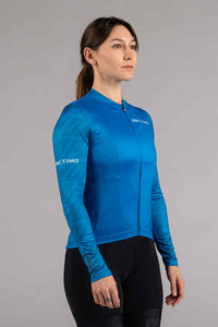 Women's Aero Long Sleeve Blue Cycling Jersey - Front View