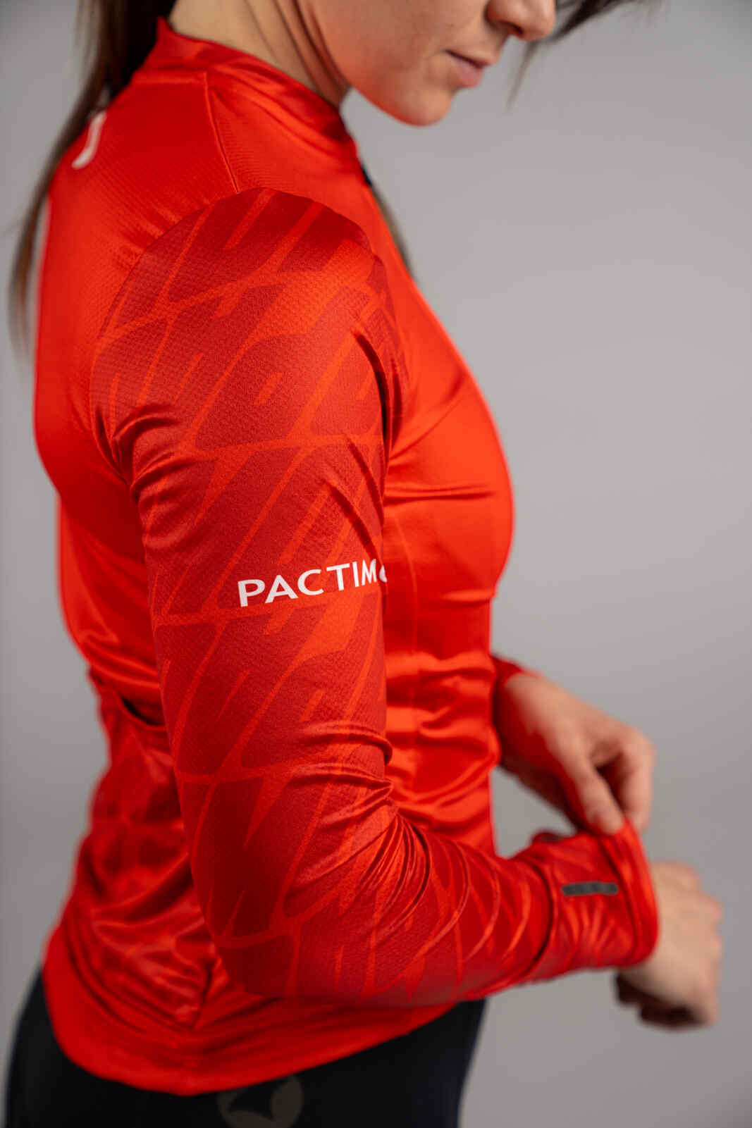 Women's Long Sleeve Red Cycling Jersey - Sleeve Fabric Close-Up